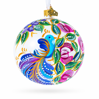 Blue Bird on White Glass Ball Christmas Ornament 4 Inches