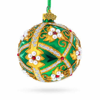 Jewels on Green Glass Ball Christmas Ornament 3.25 Inches