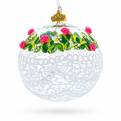 Dimensional Pink Roses Glass Ball Christmas Ornament 4 Inches