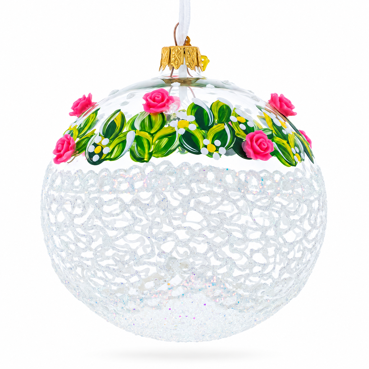 Dimensional Pink Roses Glass Ball Christmas Ornament 4 Inches