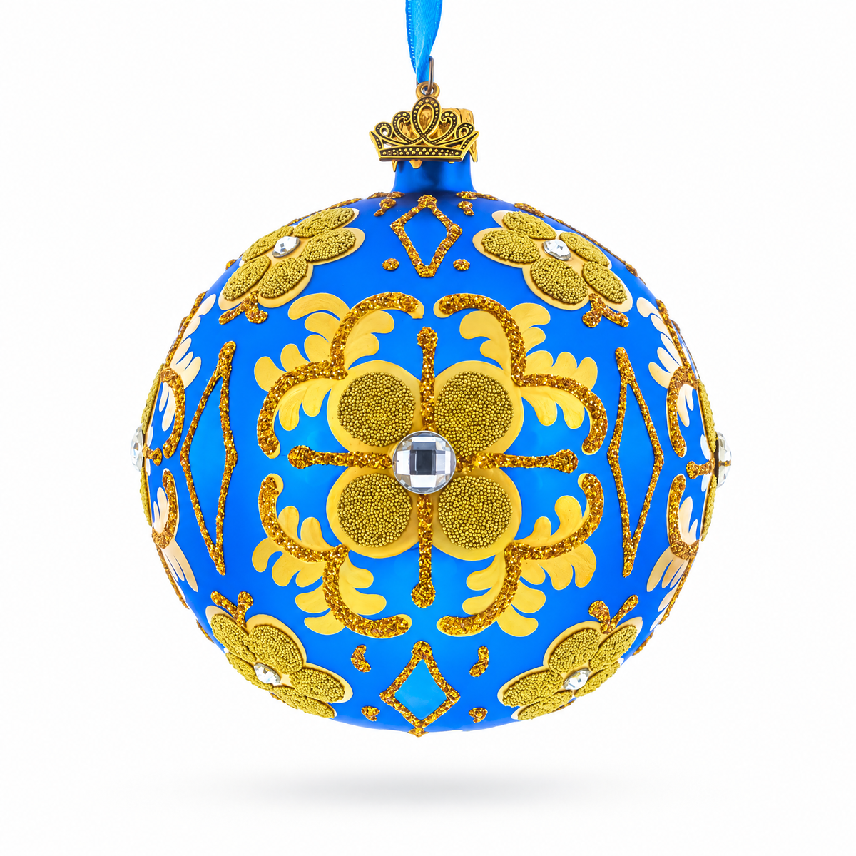 Jeweled Golden Leaves on Blue Glass  Ball Christmas Ornament 4 Inches