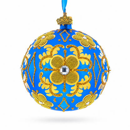 Jeweled Golden Leaves on Blue Glass  Ball Christmas Ornament 4 Inches
