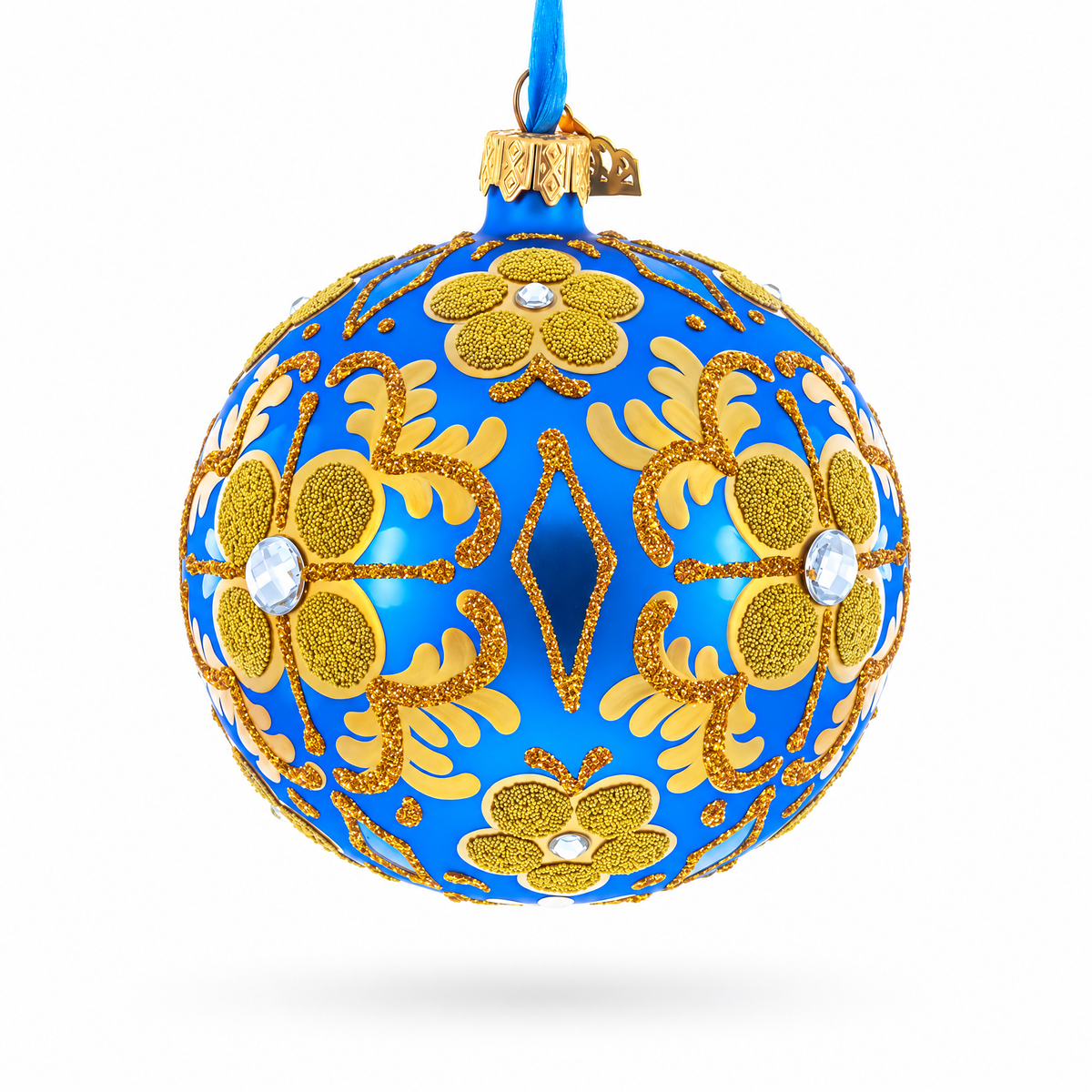 Jeweled Golden Leaves on Blue Glass  Ball Christmas Ornament 4 Inches