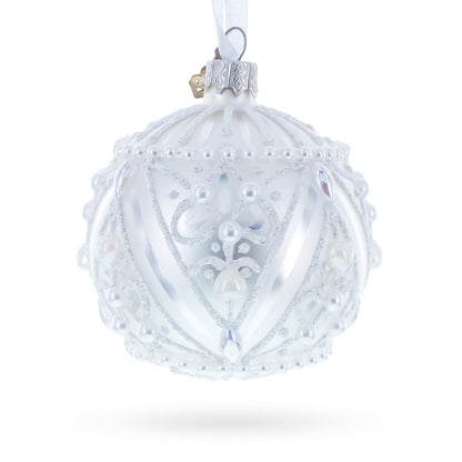 Dimensional Pearl Drops on White Ball Glass Christmas Ornament 3.25 Inches