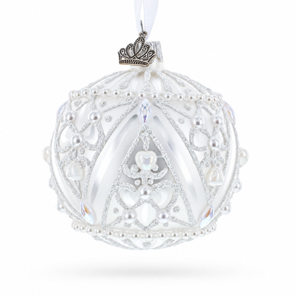 Dimensional Pearl Drops on White Ball Glass Christmas Ornament 3.25 Inches