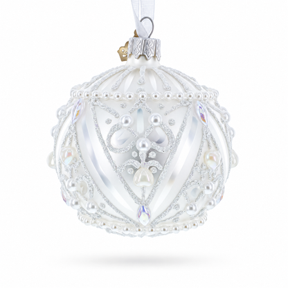 Dimensional Pearl Drops on White Ball Glass Christmas Ornament 3.25 Inches