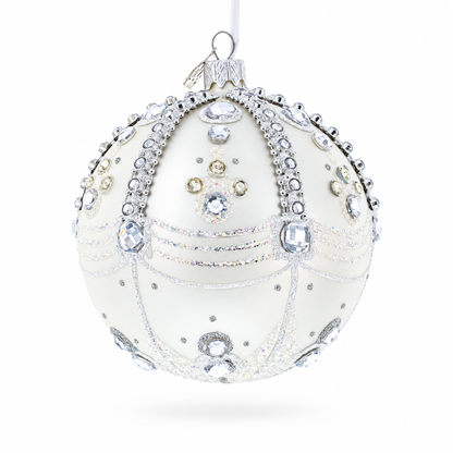 White Jewels on Silver Glass Ball Christmas Ornament 4 Inches