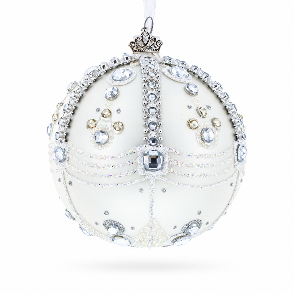White Jewels on Silver Glass Ball Christmas Ornament 4 Inches