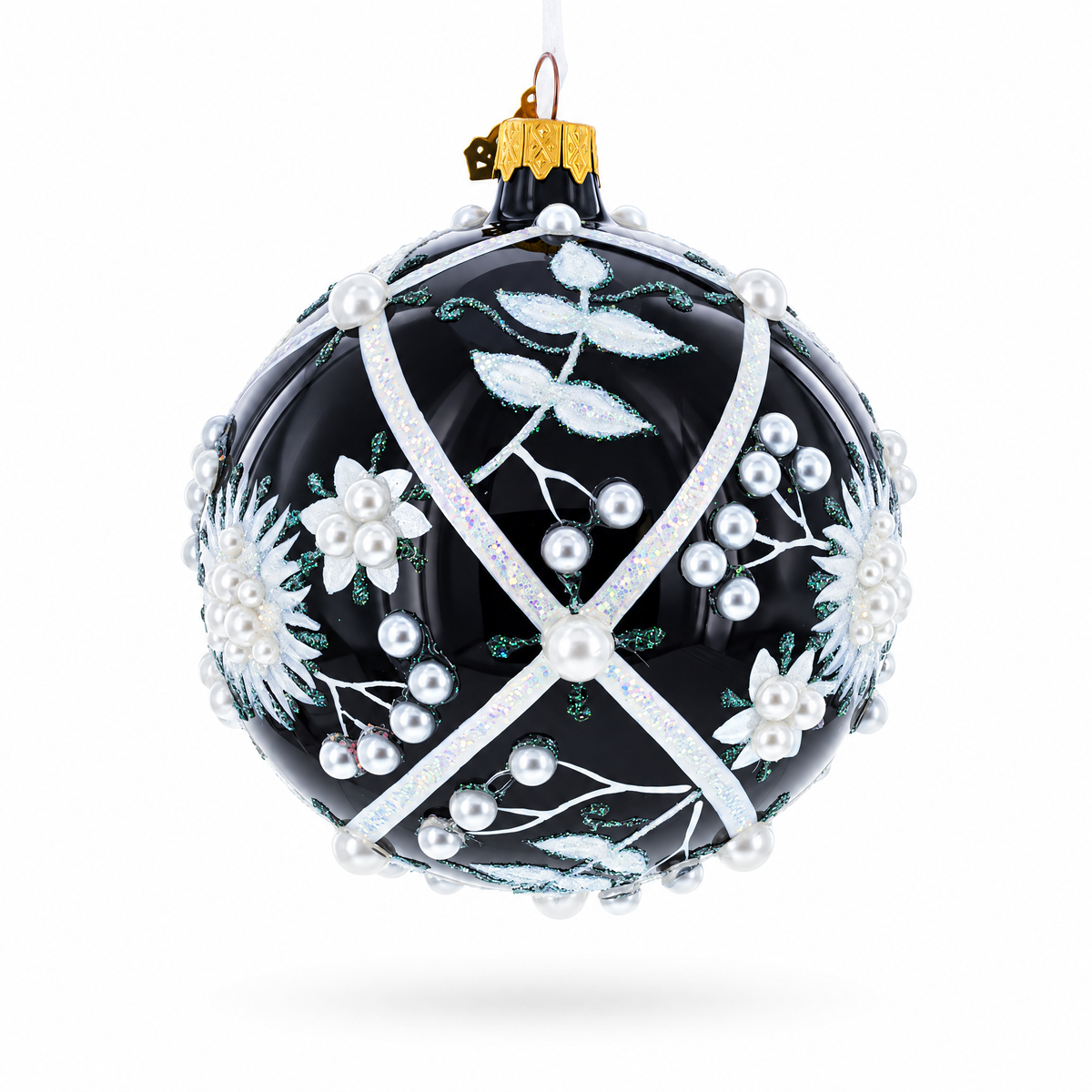 Pearl-Encrusted White Floral Design on Black Glass Ball Christmas Ornament 4 Inches