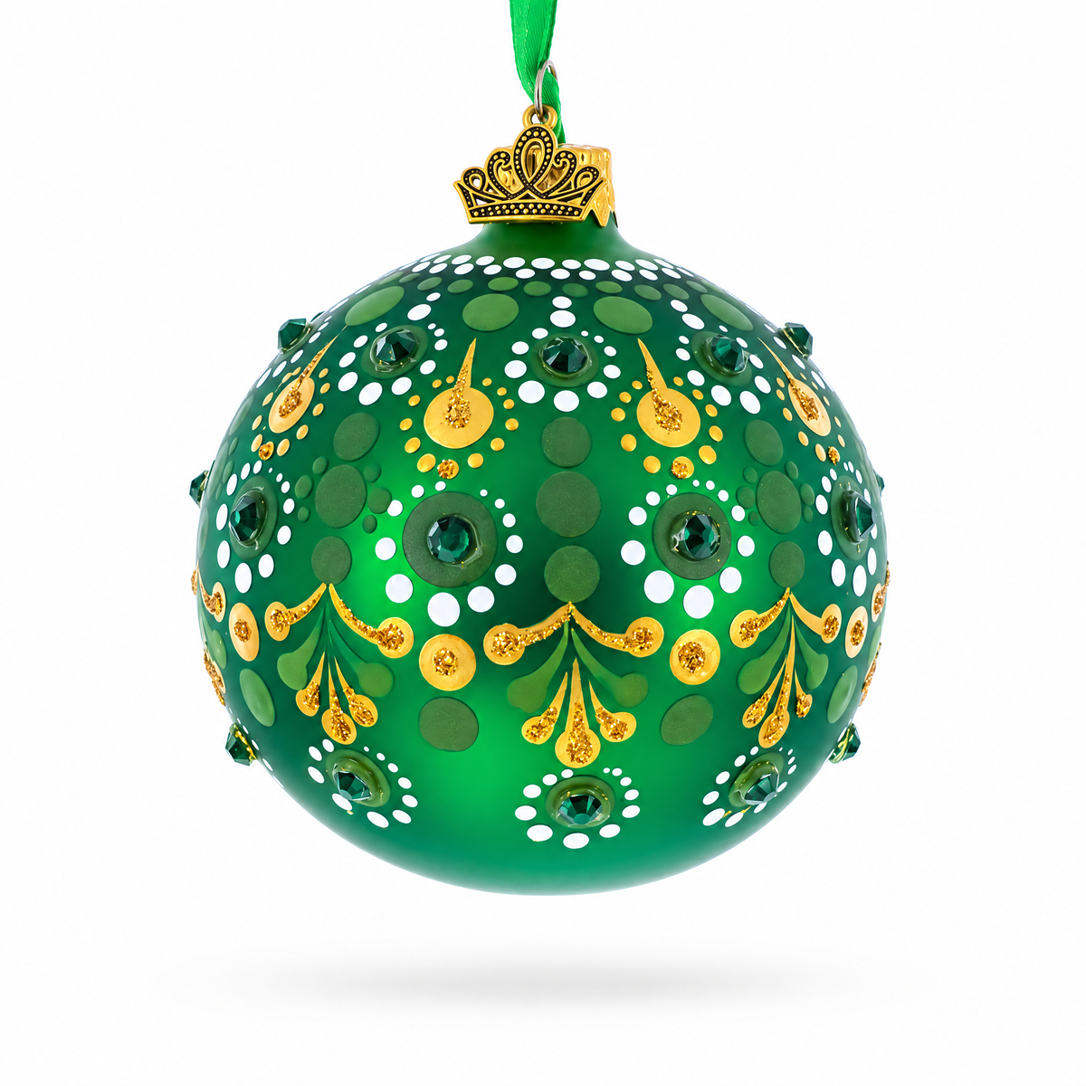 Emerald Green with Golden Accents and Crystals Glass Ball Christmas Ornament 3.25 Inches