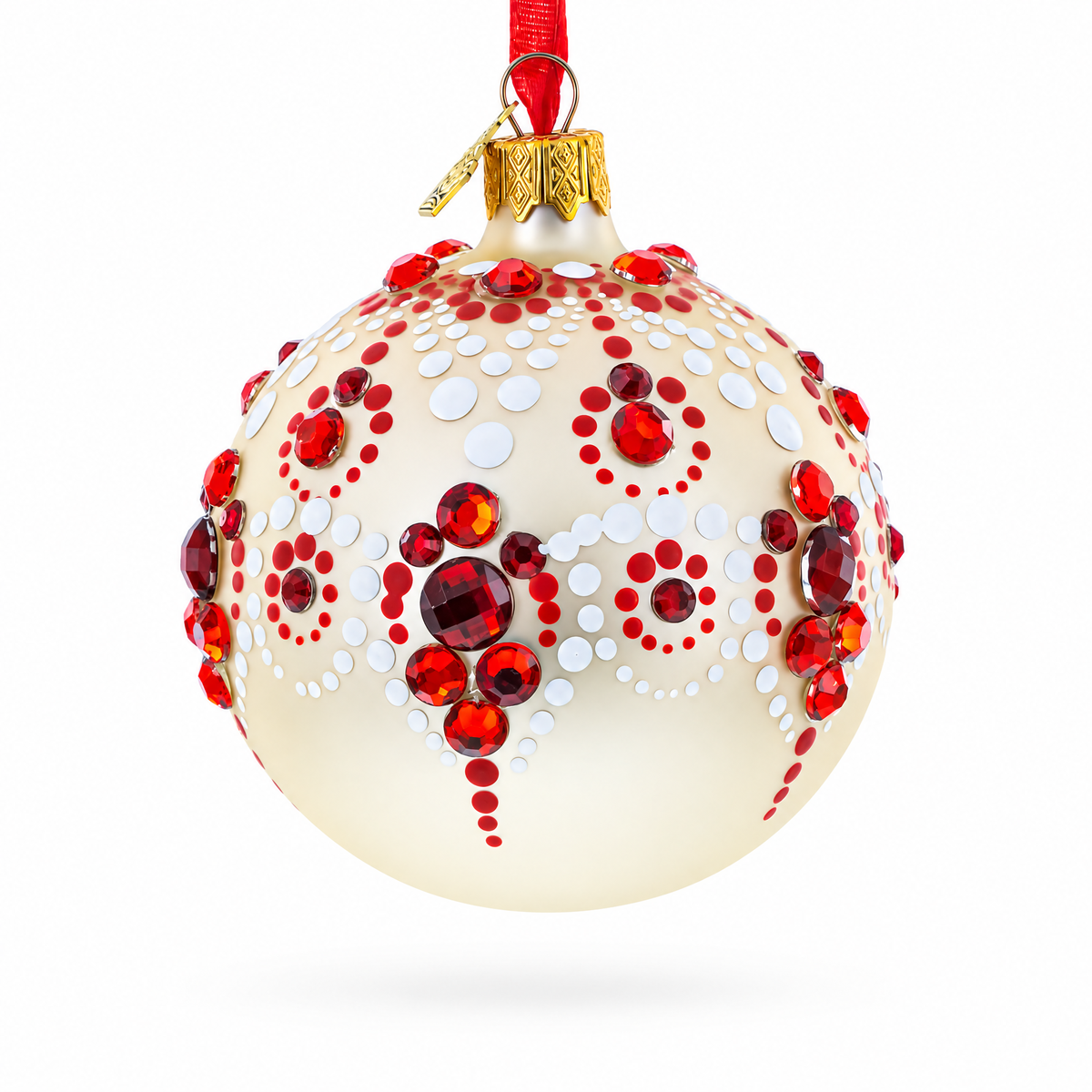 Red and Crystal Droplets Festive Glass Ball Christmas Ornament 3.25 Inches
