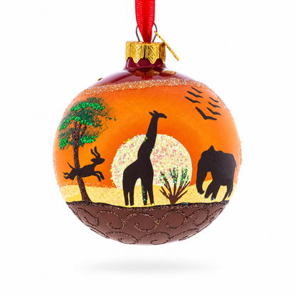 African Sunset with Giraffe and Tree Glass Ball Christmas Ornament 3.25 Inches