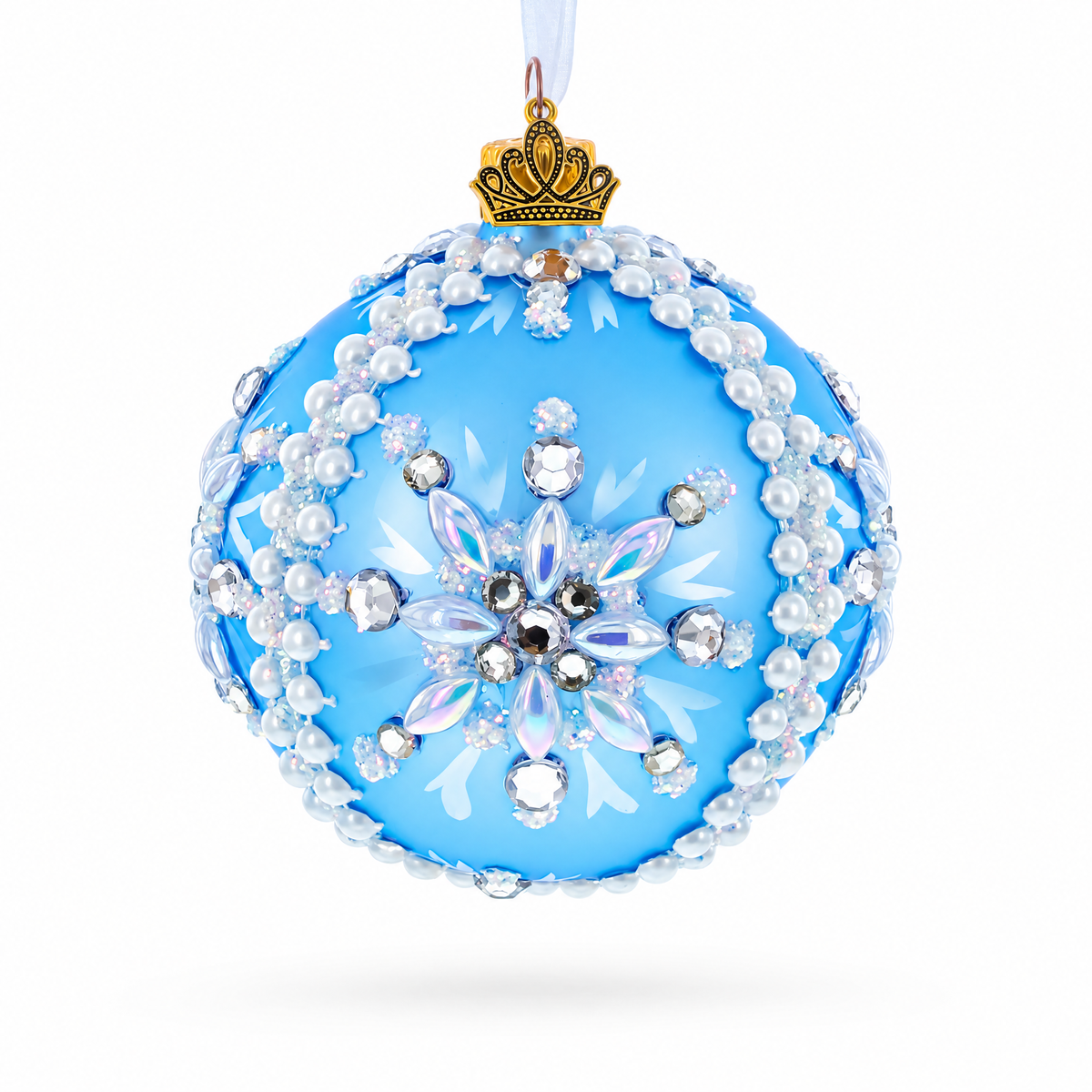 Blue and Pearl Jewel-Embellished Glass Ball Ornament 3.25 Inches