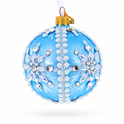 Blue and Pearl Jewel-Embellished Glass Ball Ornament 3.25 Inches