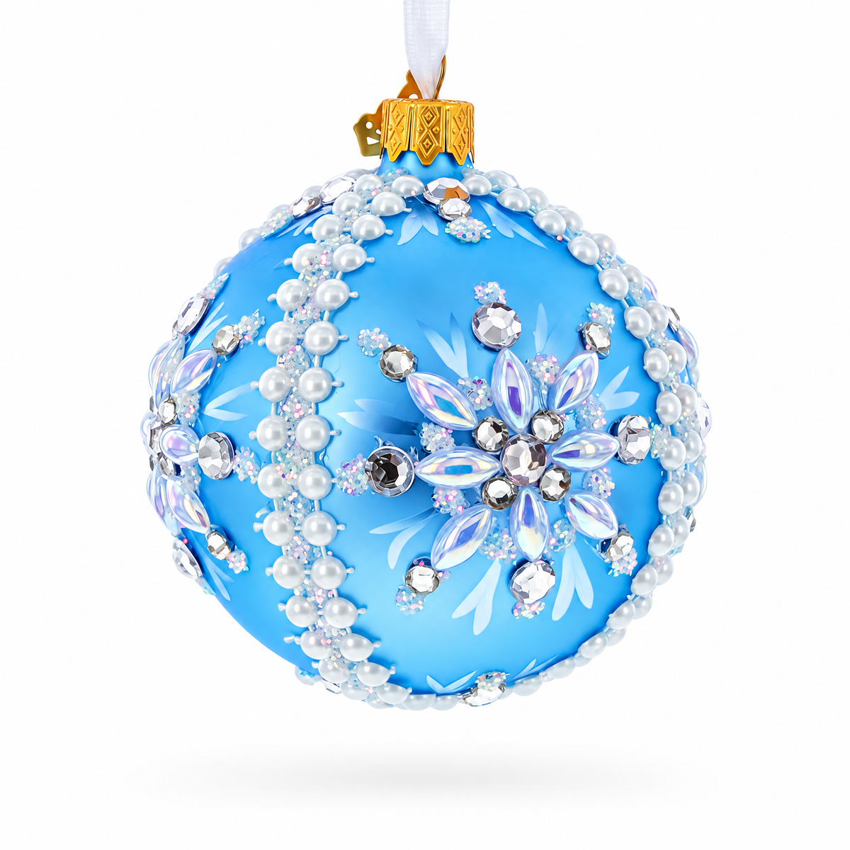 Blue and Pearl Jewel-Embellished Glass Ball Ornament 3.25 Inches