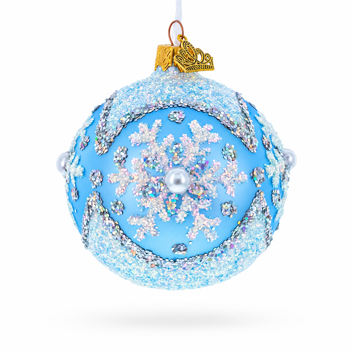 Sparkling Blue Snowflake and Pearl Glass Ball Ornament 3.25 Inches