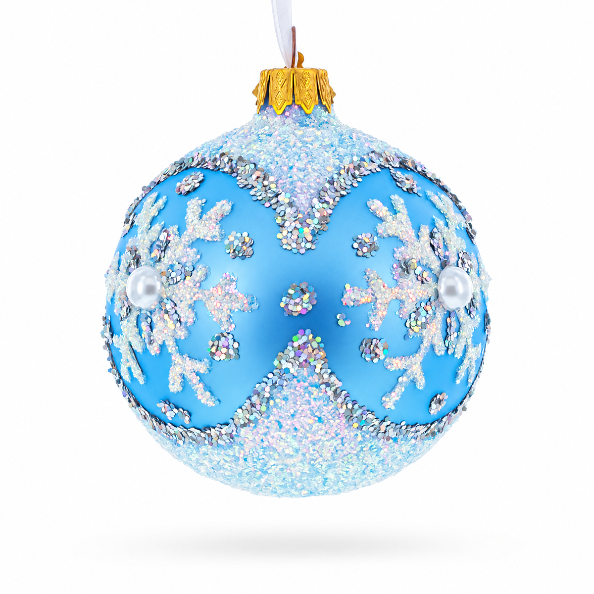 Sparkling Blue Snowflake and Pearl Glass Ball Ornament 3.25 Inches
