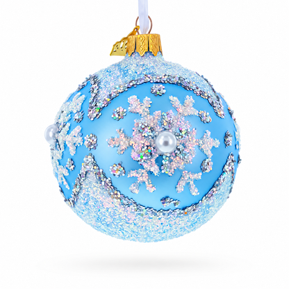 Sparkling Blue Snowflake and Pearl Glass Ball Ornament 3.25 Inches