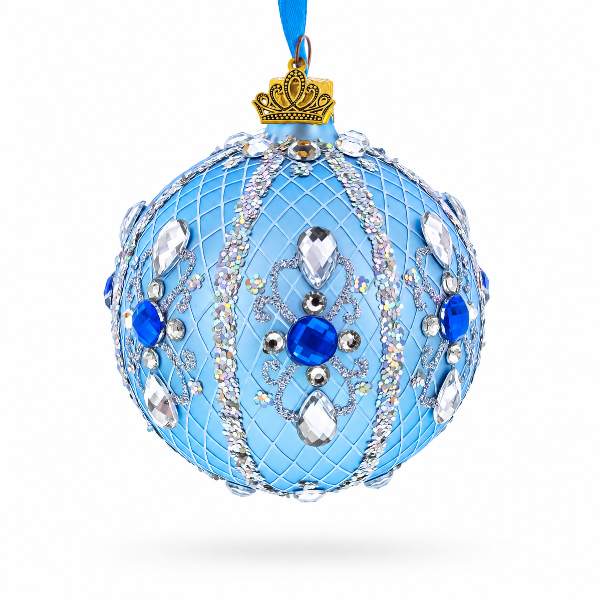Luxurious Blue and Silver Jeweled Glass Ball Ornament 3.25 Inches