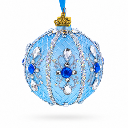 Luxurious Blue and Silver Jeweled Glass Ball Ornament 3.25 Inches