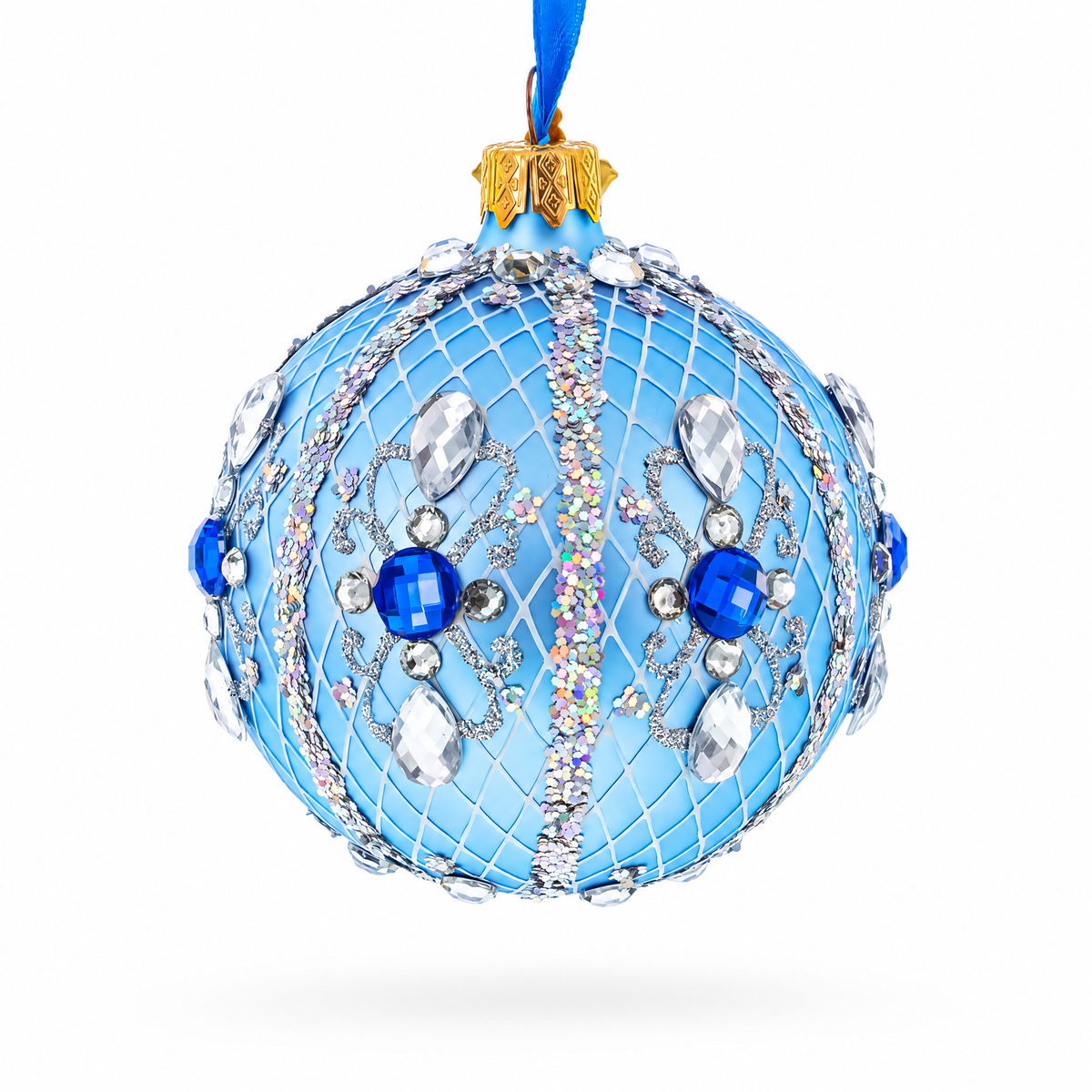 Luxurious Blue and Silver Jeweled Glass Ball Ornament 3.25 Inches