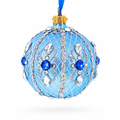 Luxurious Blue and Silver Jeweled Glass Ball Ornament 3.25 Inches
