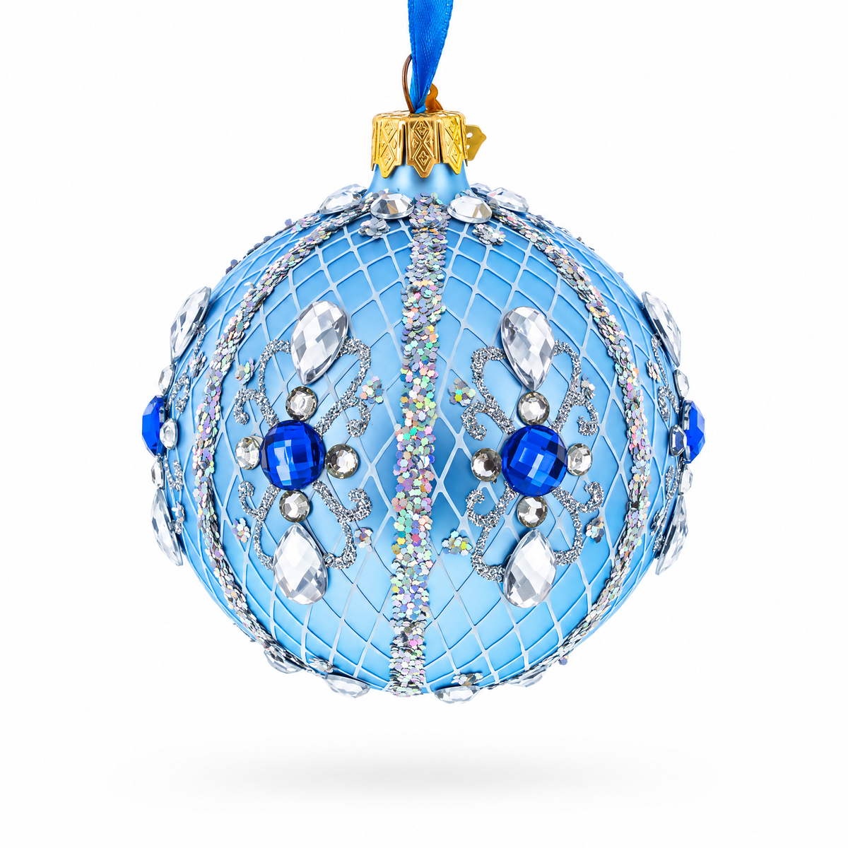 Luxurious Blue and Silver Jeweled Glass Ball Ornament 3.25 Inches