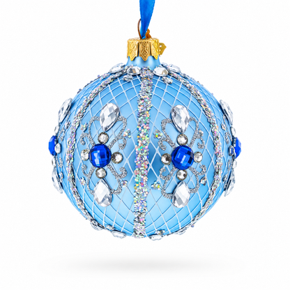 Luxurious Blue and Silver Jeweled Glass Ball Ornament 3.25 Inches