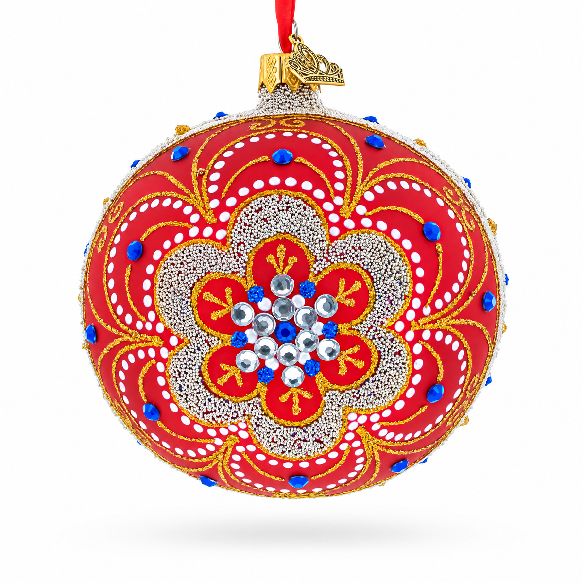 Baroque Filigree with Gemstones on Red Glass Ball Christmas Ornament 4 Inches