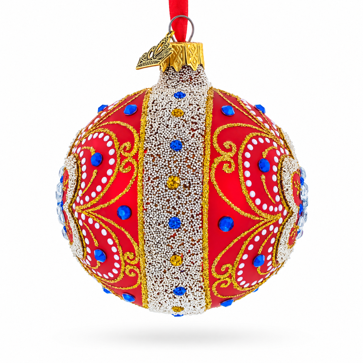 Baroque Filigree with Gemstones on Red Glass Ball Christmas Ornament 3.25 Inches