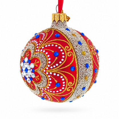 Baroque Filigree with Gemstones on Red Glass Ball Christmas Ornament 3.25 Inches