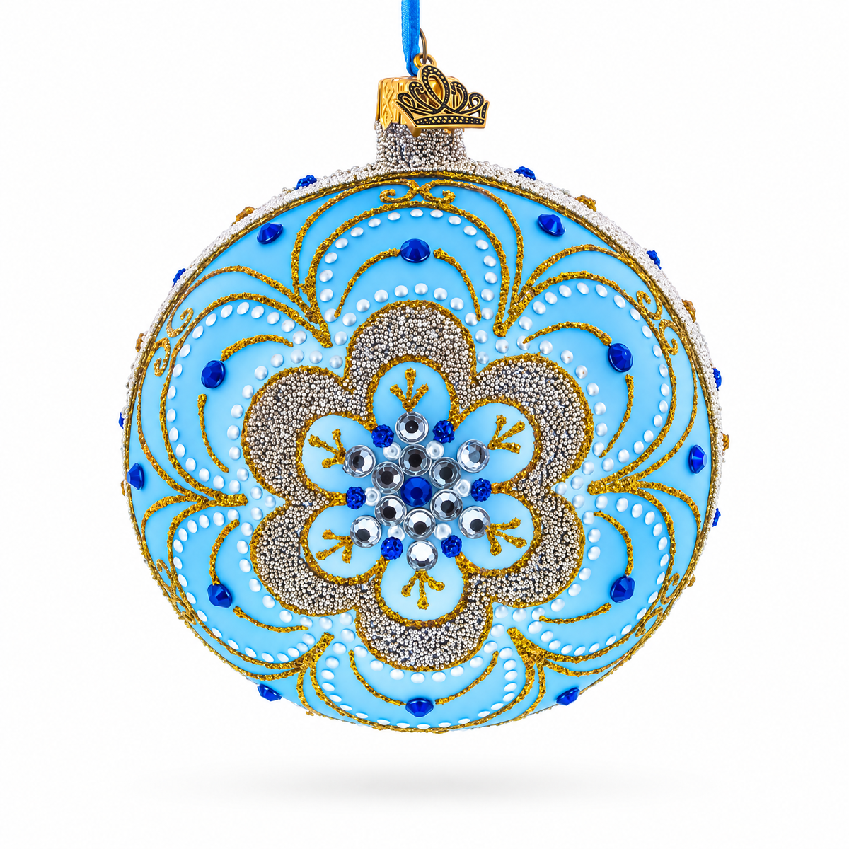 Baroque Filigree with Gemstones on Blue Glass Ball Christmas Ornament 4 Inches