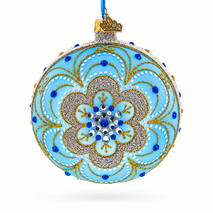 Baroque Filigree with Gemstones on Blue Glass Ball Christmas Ornament 4 Inches