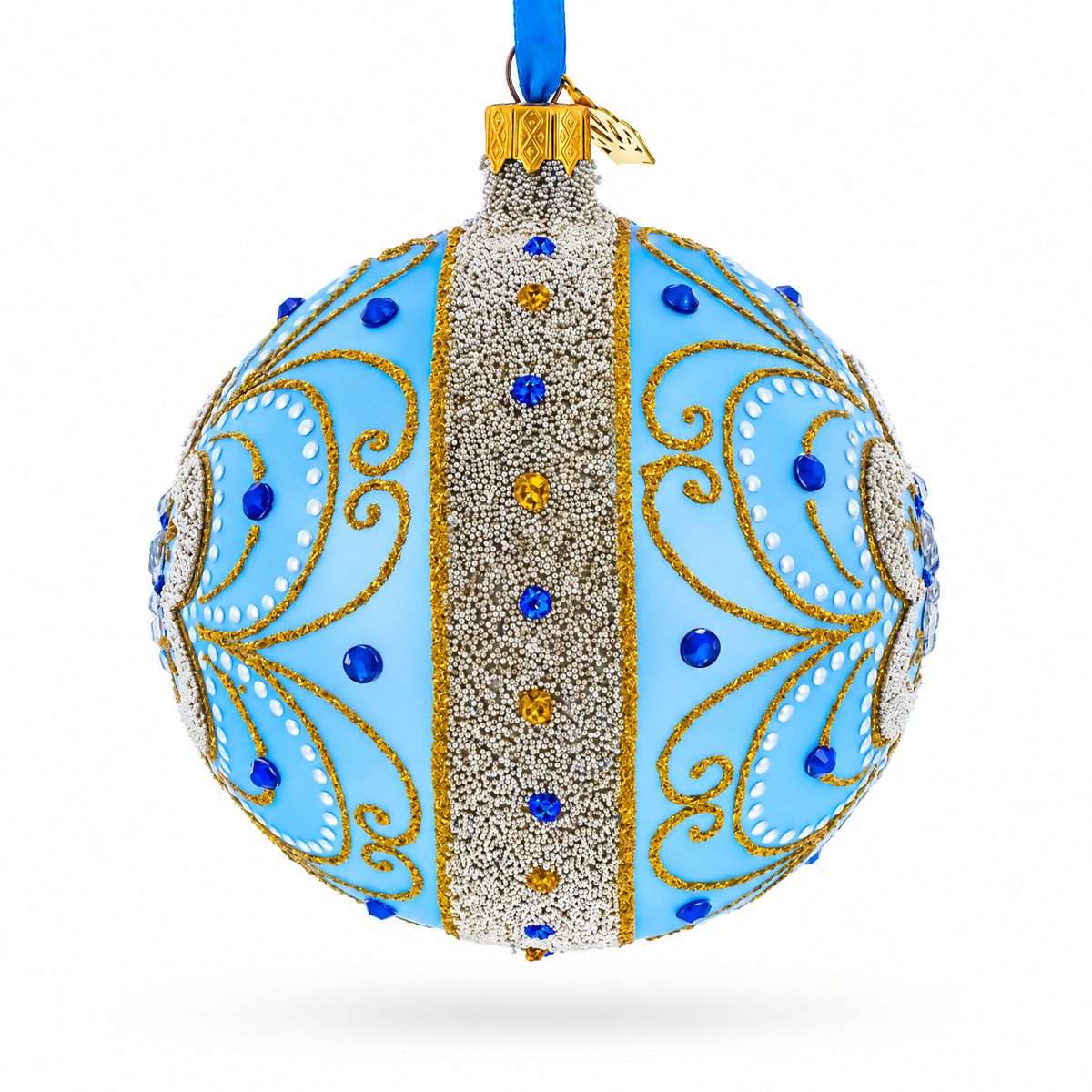 Baroque Filigree with Gemstones on Blue Glass Ball Christmas Ornament 4 Inches