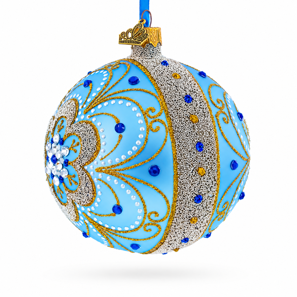 Baroque Filigree with Gemstones on Blue Glass Ball Christmas Ornament 4 Inches