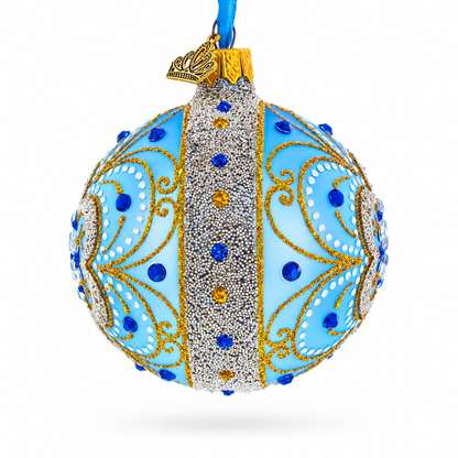 Baroque Filigree with Gemstones on Blue Glass Ball Christmas Ornament 3.25 Inches