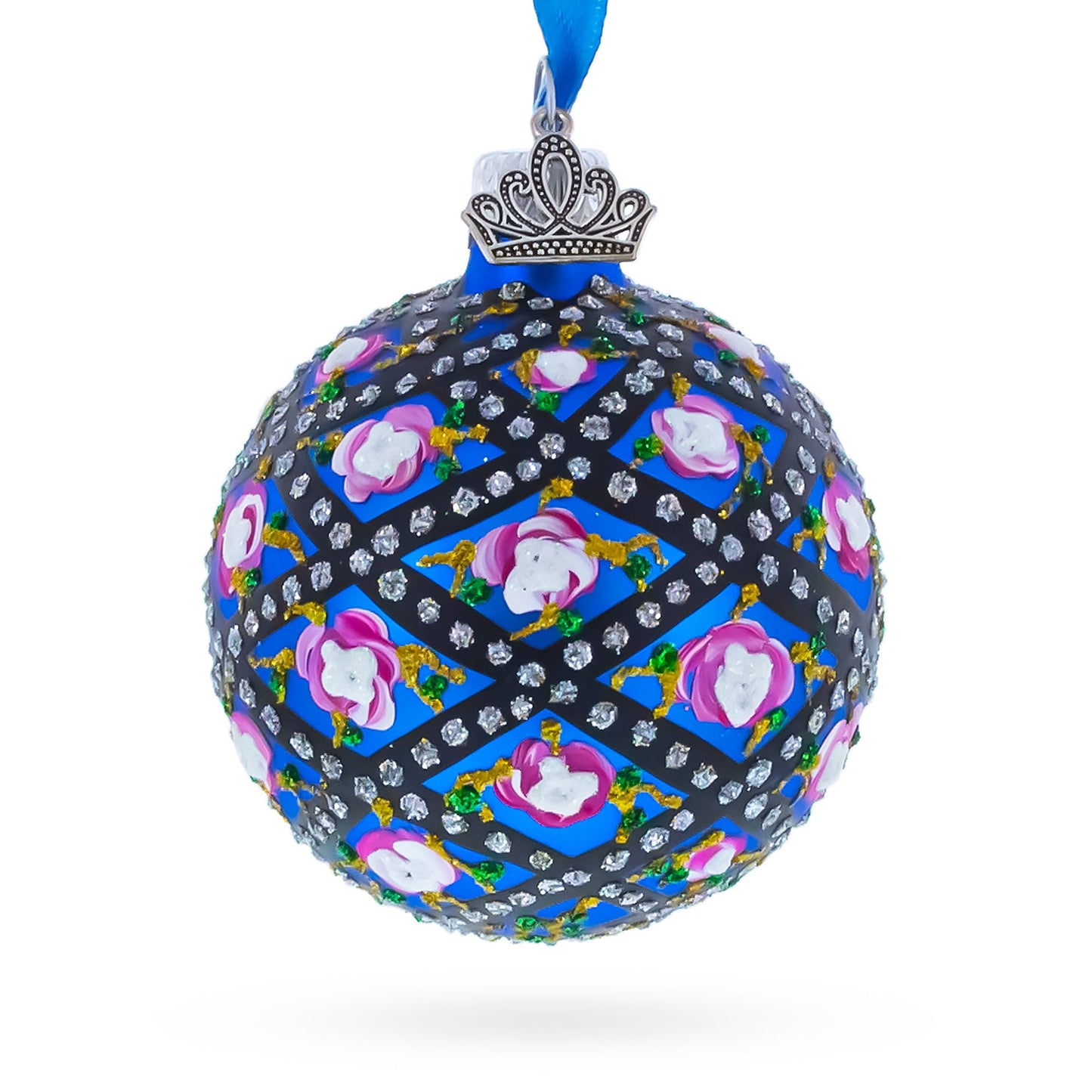 1907 Rose Trellis Royal Green Glass Ball Christmas Ornament 2.4 Inches