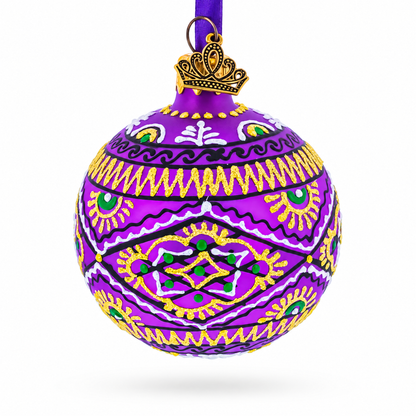 Purple Geometric Ukrainian Glass Ball Christmas Ornament 2.4 Inches