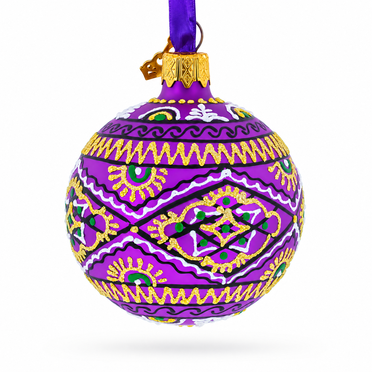 Purple Geometric Ukrainian Glass Ball Christmas Ornament 2.4 Inches