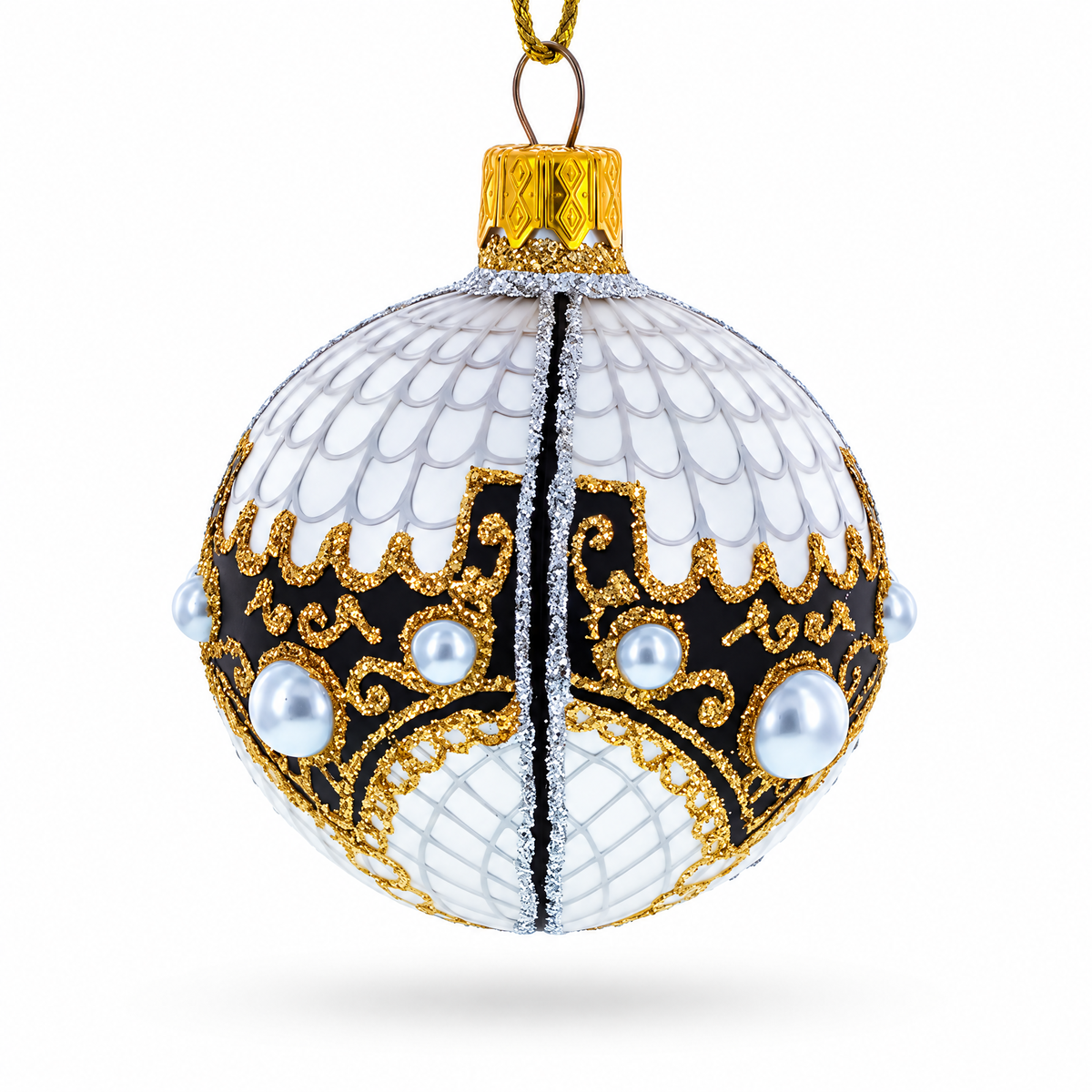 Mother Of Pearl on Gold Filigree Glass Ball Christmas Ornament 2.4 Inches