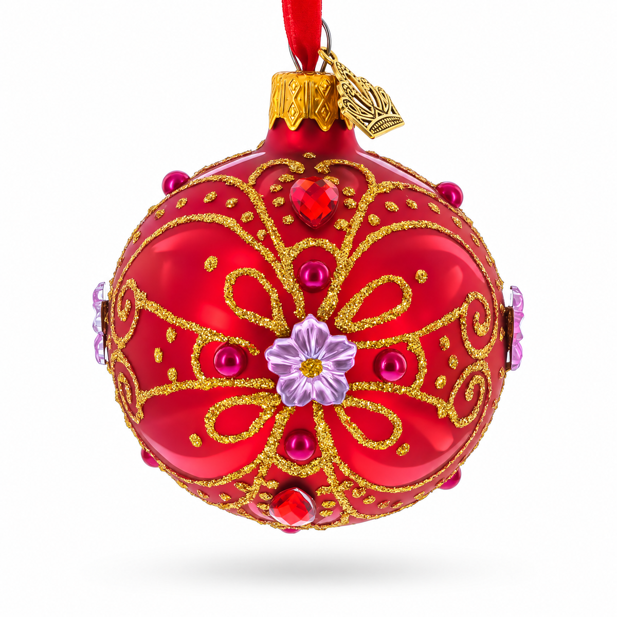 Red and Gold Glitter Scrollwork & Gem Accents Glass Ball Christmas Ornament 2.4 Inches