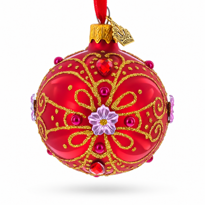 Red and Gold Glitter Scrollwork & Gem Accents Glass Ball Christmas Ornament 2.4 Inches
