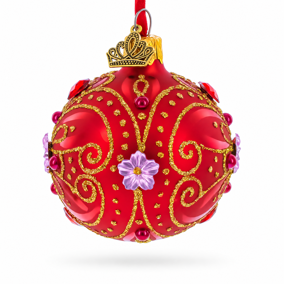 Red and Gold Glitter Scrollwork & Gem Accents Glass Ball Christmas Ornament 2.4 Inches