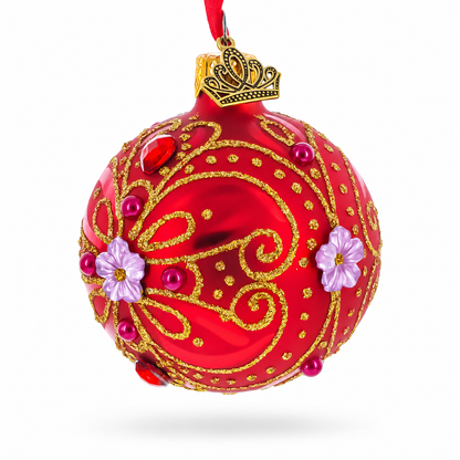 Red and Gold Glitter Scrollwork & Gem Accents Glass Ball Christmas Ornament 2.4 Inches