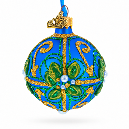 Green & Gold Glitter Pearls & Floral Accents Blue Glass Ball Christmas Ornament 2.4 Inches