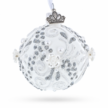Silver Glitter Scrolls, Pearls & Rose Accents Winter Elegance Glass ball Ornament 2.4 Inches