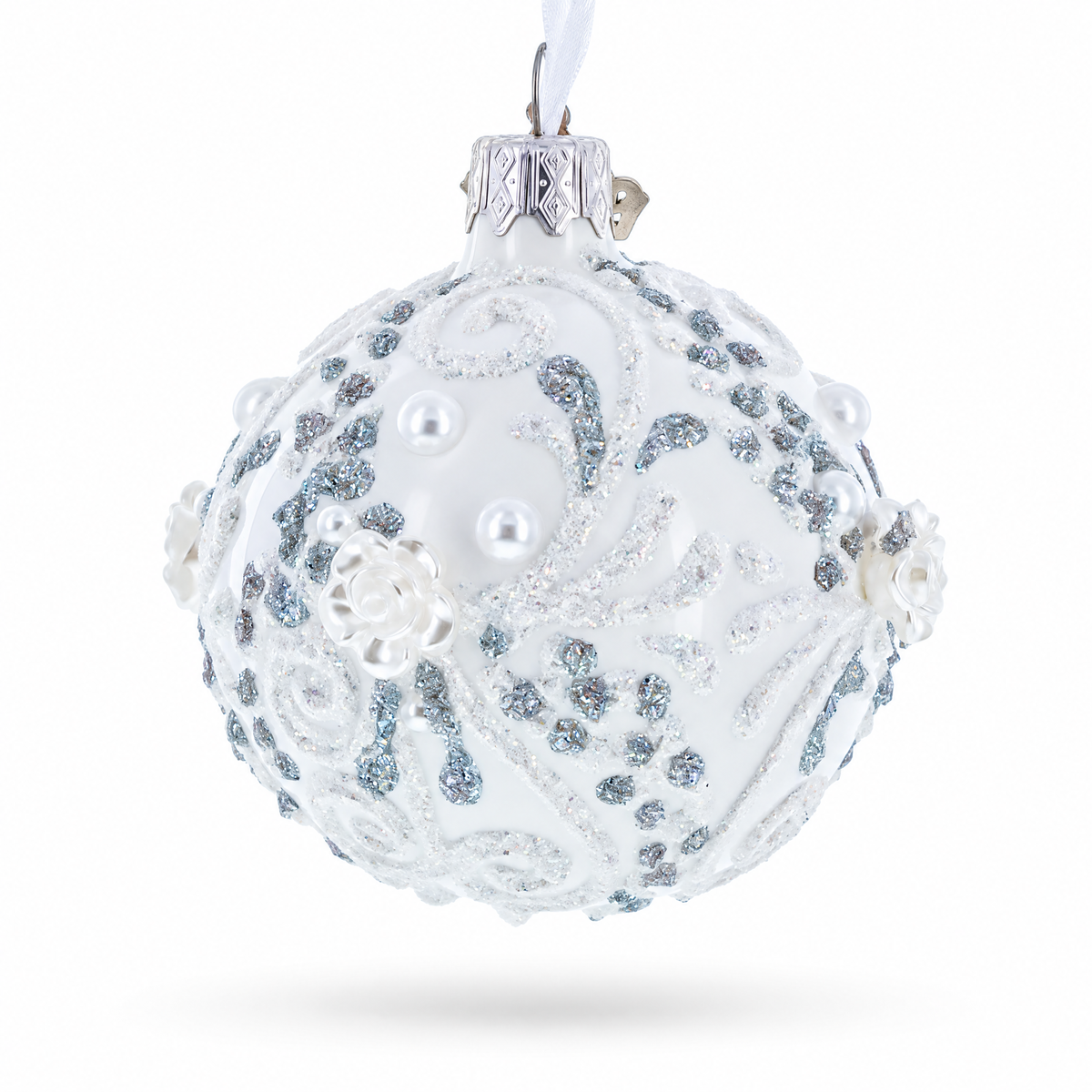 Silver Glitter Scrolls, Pearls & Rose Accents Winter Elegance Glass ball Ornament 2.4 Inches