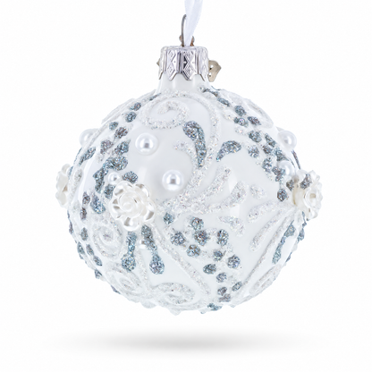 Silver Glitter Scrolls, Pearls & Rose Accents Winter Elegance Glass ball Ornament 2.4 Inches