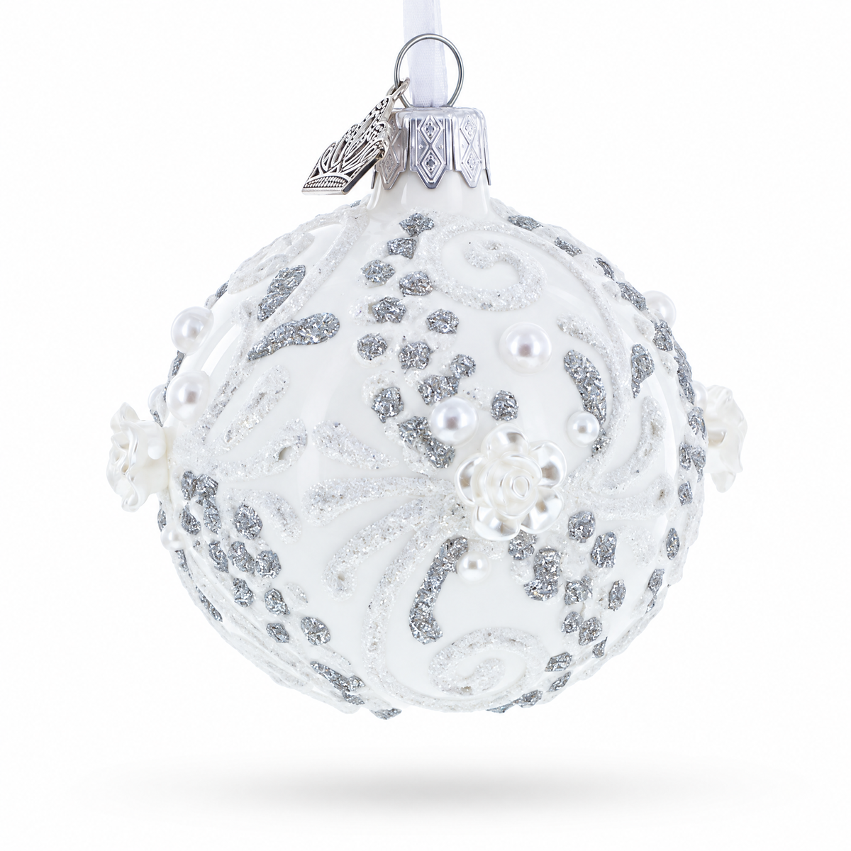 Silver Glitter Scrolls, Pearls & Rose Accents Winter Elegance Glass ball Ornament 2.4 Inches