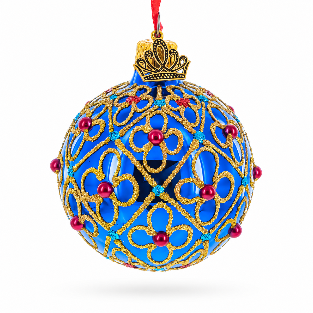 Red Beads, Blue Crystals & Filigree Trellis Glitter on Gold Glass Ball Ornament 2.4 Inches